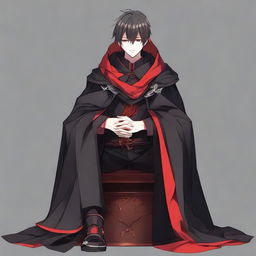 Adjust the image of the anime male protagonist to have a slightly rounder face and shorter bangs, while maintaining the rest of his features including his kindness and sharpness in the eyes, smirking expression, black fantasy anime cloak with red border edges, and the pose of him sitting on a throne.