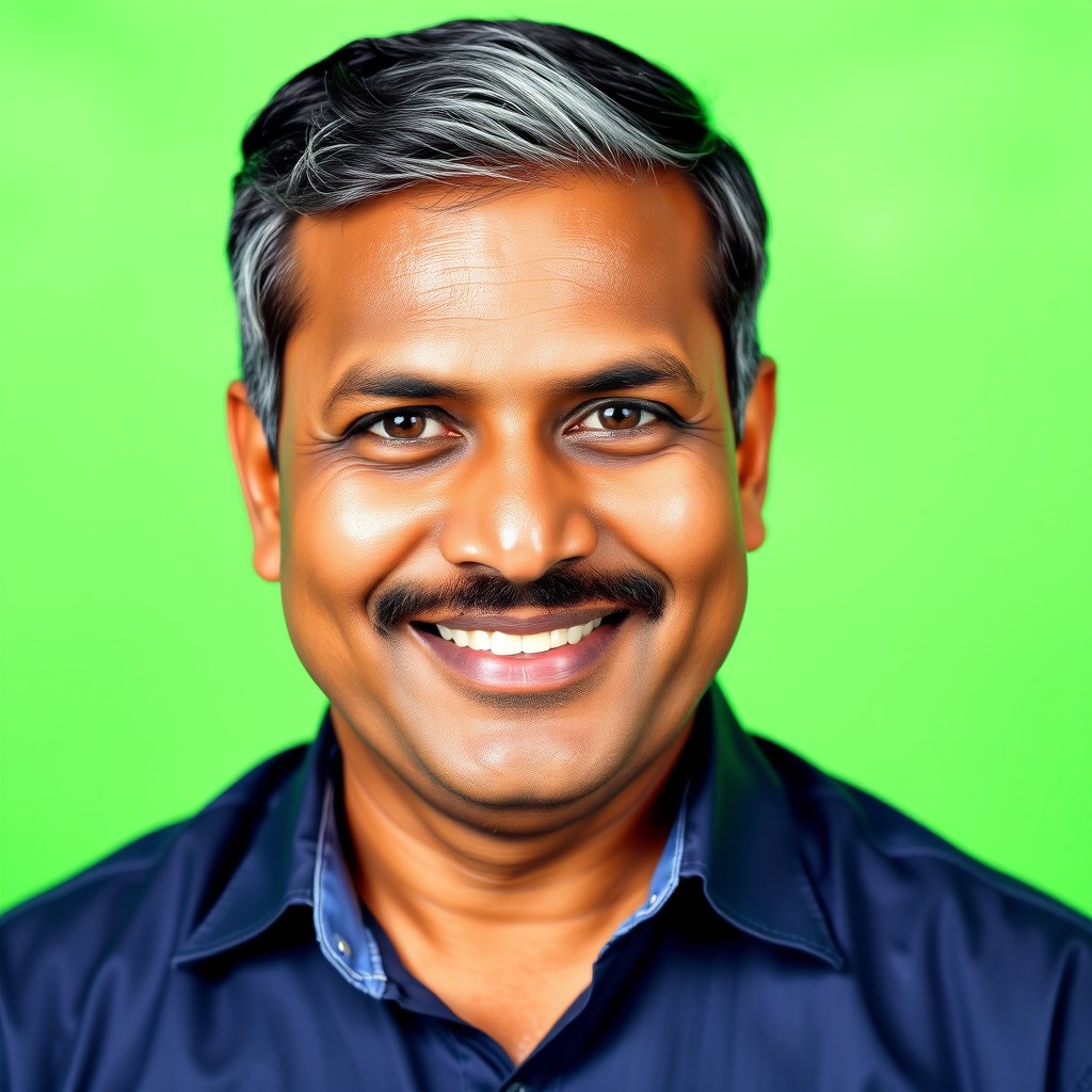 A professional studio portrait of a middle-aged male newsreader from Kerala, South India, aged 25-30 years