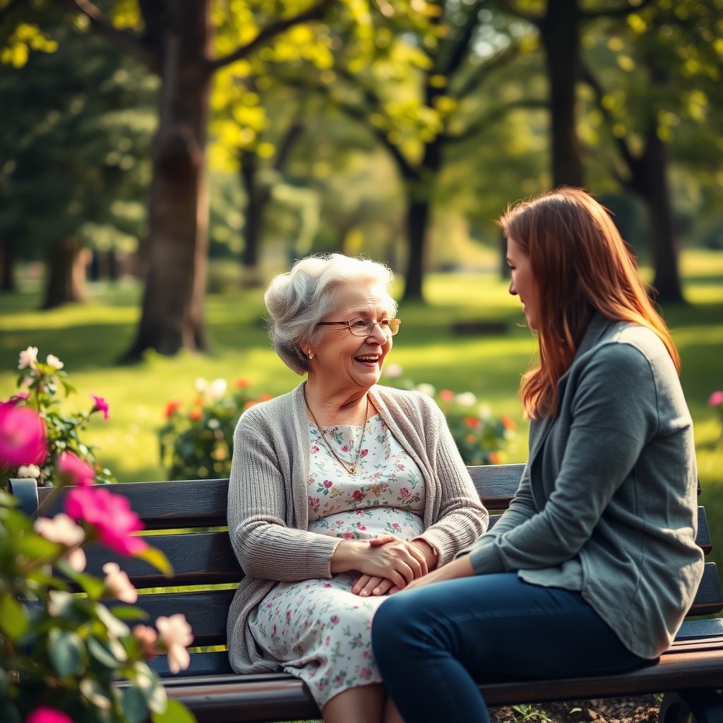 A serene park scene depicting a warm encounter between an elderly woman and a younger person