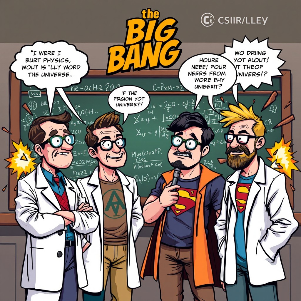 A comic book style illustration featuring characters from a science fiction theme, inspired by The Big Bang Theory