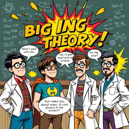 A comic book style illustration featuring characters from a science fiction theme, inspired by The Big Bang Theory