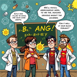 A comic book style illustration featuring characters from a science fiction theme, inspired by The Big Bang Theory