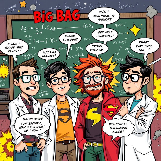 A comic book style illustration featuring characters from a science fiction theme, inspired by The Big Bang Theory