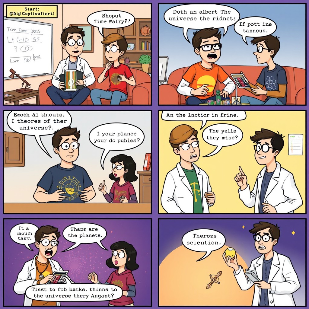 An 8-panel comic strip inspired by The Big Bang Theory, featuring four main characters who are quirky scientists and friends
