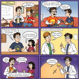 An 8-panel comic strip inspired by The Big Bang Theory, featuring four main characters who are quirky scientists and friends