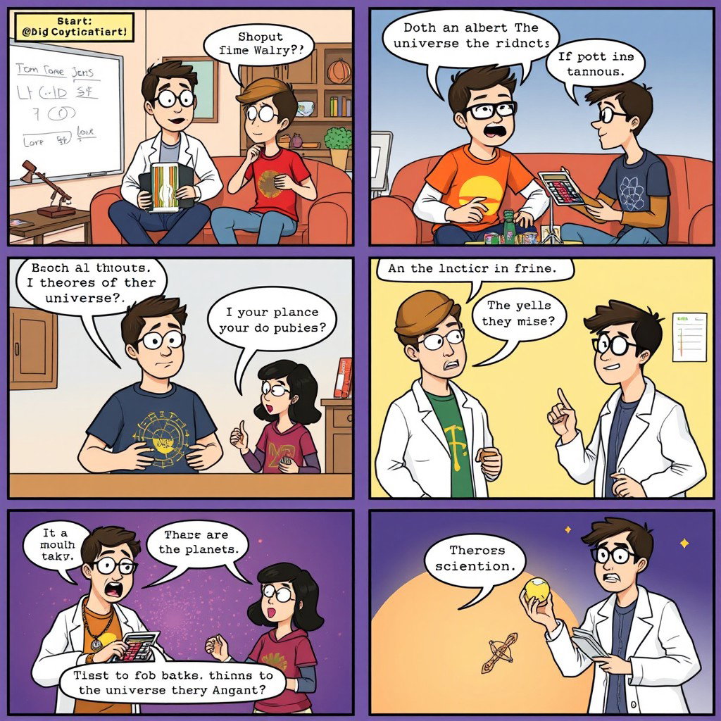 An 8-panel comic strip inspired by The Big Bang Theory, featuring four main characters who are quirky scientists and friends