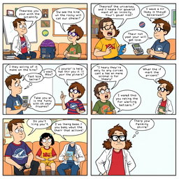 An 8-panel comic strip inspired by The Big Bang Theory, featuring four main characters who are quirky scientists and friends