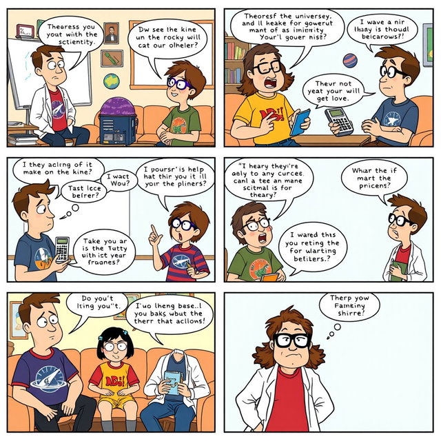 An 8-panel comic strip inspired by The Big Bang Theory, featuring four main characters who are quirky scientists and friends