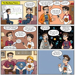 An 8-panel comic strip inspired by The Big Bang Theory, featuring four main characters who are quirky scientists and friends