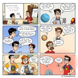 An 8-panel comic strip inspired by The Big Bang Theory, featuring four main characters who are quirky scientists and friends