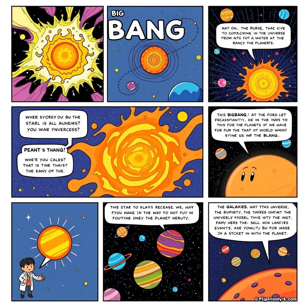 A comic book style story about the Big Bang Theory, starting from the formation of the universe to the creation of planets