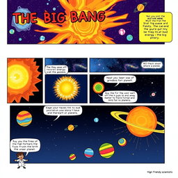 A comic book style story about the Big Bang Theory, starting from the formation of the universe to the creation of planets