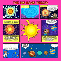 A comic book style story about the Big Bang Theory, starting from the formation of the universe to the creation of planets