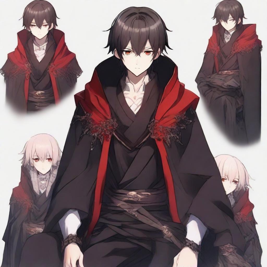 Adjust the image of the anime male protagonist to have a slightly rounder face and shorter bangs, while maintaining the rest of his features including his kindness and sharpness in the eyes, smirking expression, black fantasy anime cloak with red border edges, and the pose of him sitting on a throne.