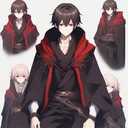 Adjust the image of the anime male protagonist to have a slightly rounder face and shorter bangs, while maintaining the rest of his features including his kindness and sharpness in the eyes, smirking expression, black fantasy anime cloak with red border edges, and the pose of him sitting on a throne.