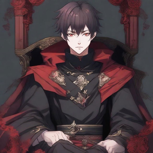 Adjust the image of the anime male protagonist to have a slightly rounder face and shorter bangs, while maintaining the rest of his features including his kindness and sharpness in the eyes, smirking expression, black fantasy anime cloak with red border edges, and the pose of him sitting on a throne.