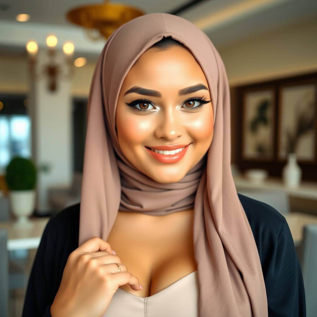 A stunning young woman wearing a stylish hijab, showcasing her flawless makeup and elegant attire