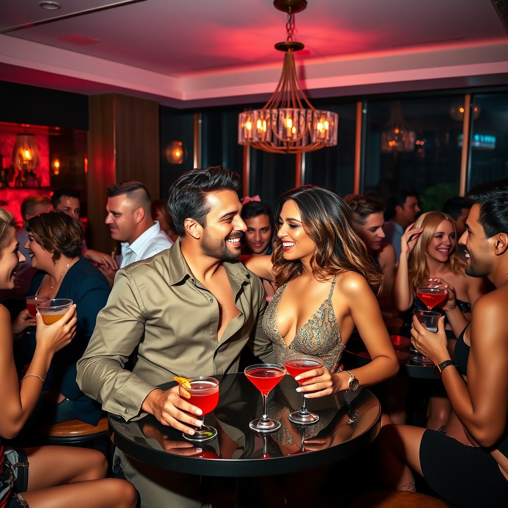 A dynamic and vibrant scene depicting a couple at a swinger party, surrounded by playful interactions, laughter, and lively energy