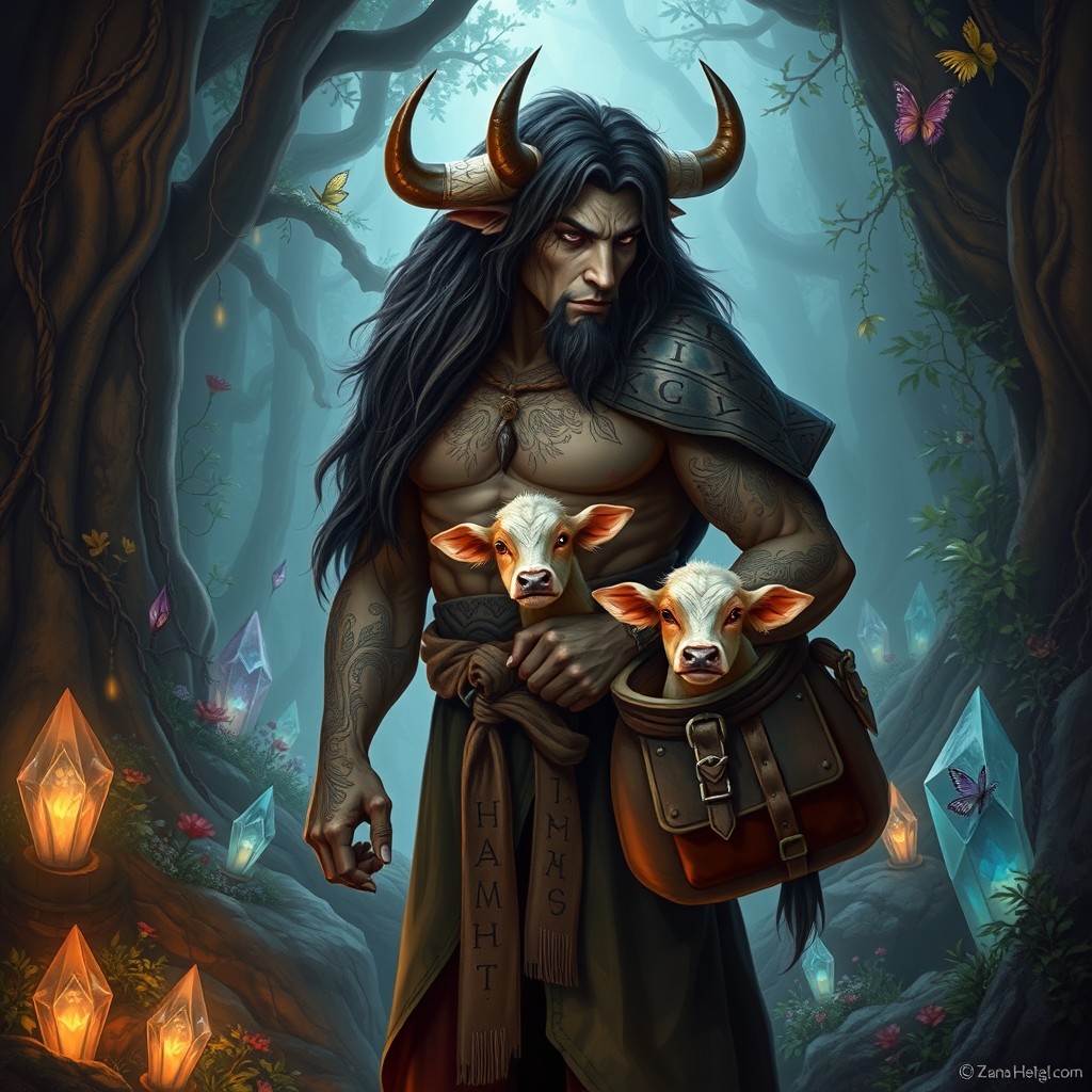 A mystical Minotaur witch standing in an ancient, enchanted forest surrounded by magical herbs and glowing crystals