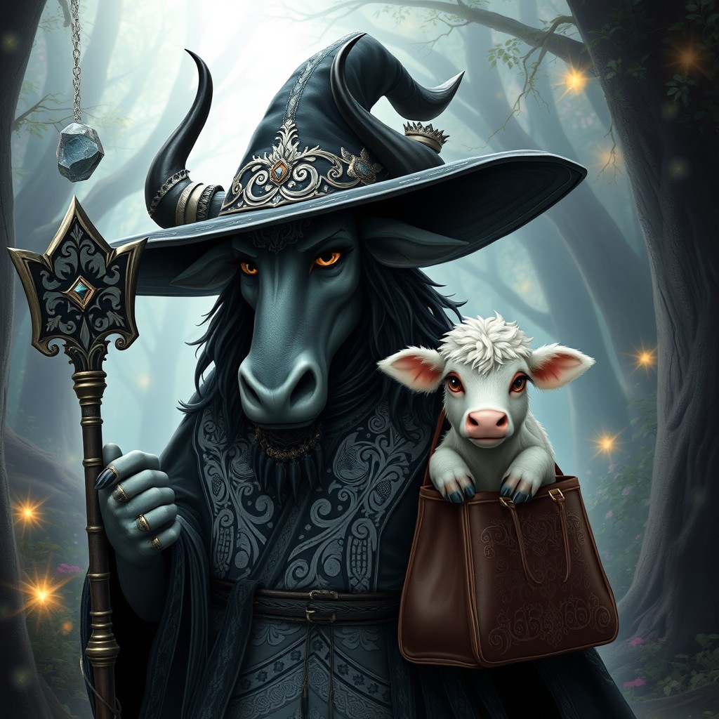 A captivating Minotaur witch with striking black and white robes, adorned with intricate patterns and embellishments