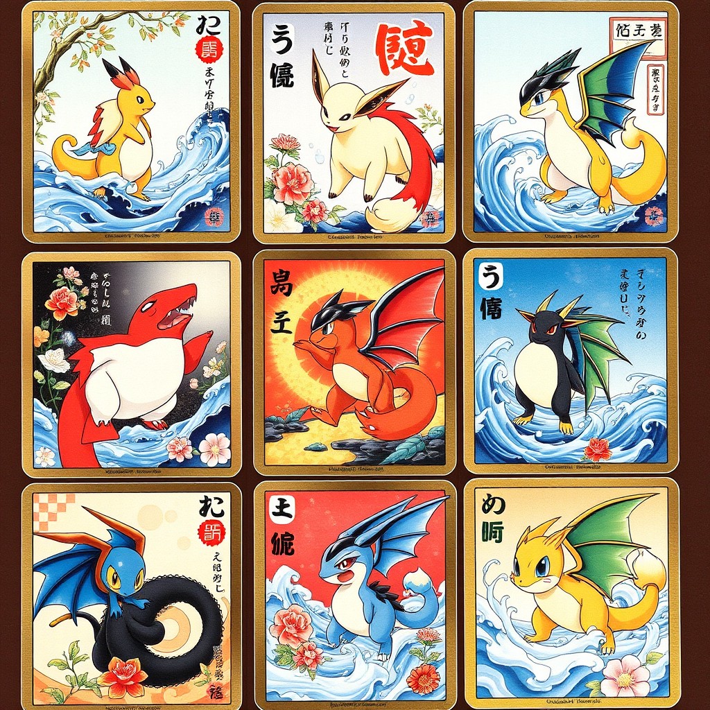 A set of trading cards featuring the 100 most popular Pokémon characters, each illustrated in traditional Japanese Hanafuda style art