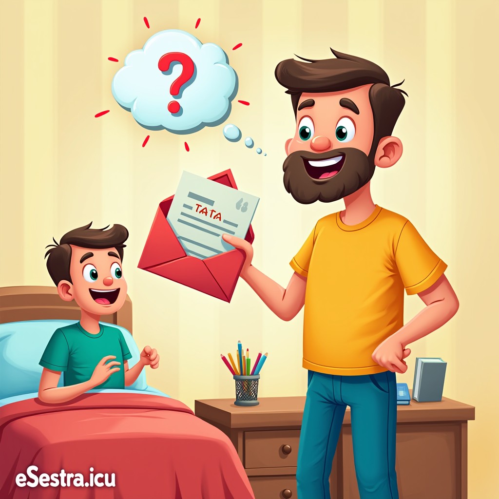 A vibrant cartoon illustration showing a father standing beside a bed in his son's bedroom, holding a letter