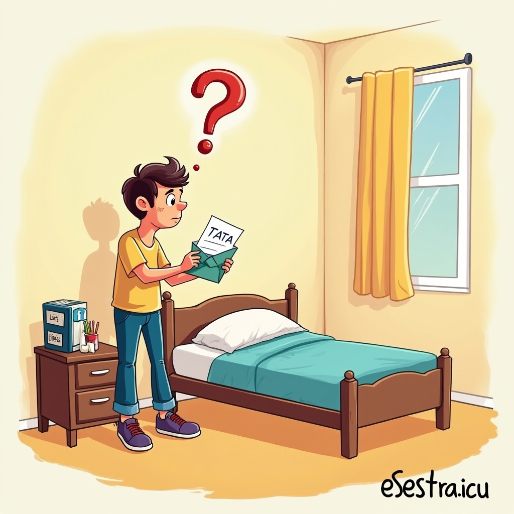 A colorful cartoon illustration depicting a father in his son's empty bedroom
