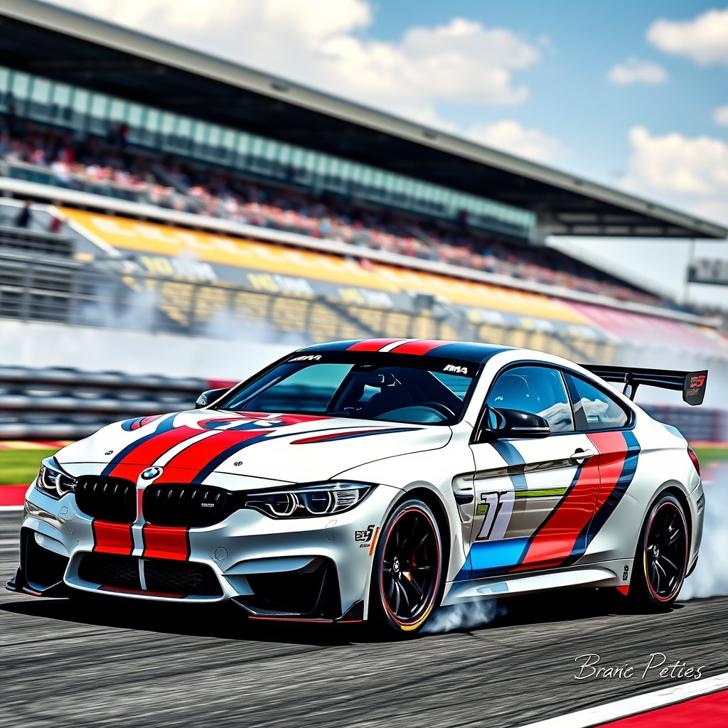 A sleek and aggressive BMW M4 GTS Coupe designed for racing, with a vibrant racing livery featuring bold stripes and sponsor logos that signify its role in a high-octane racing environment