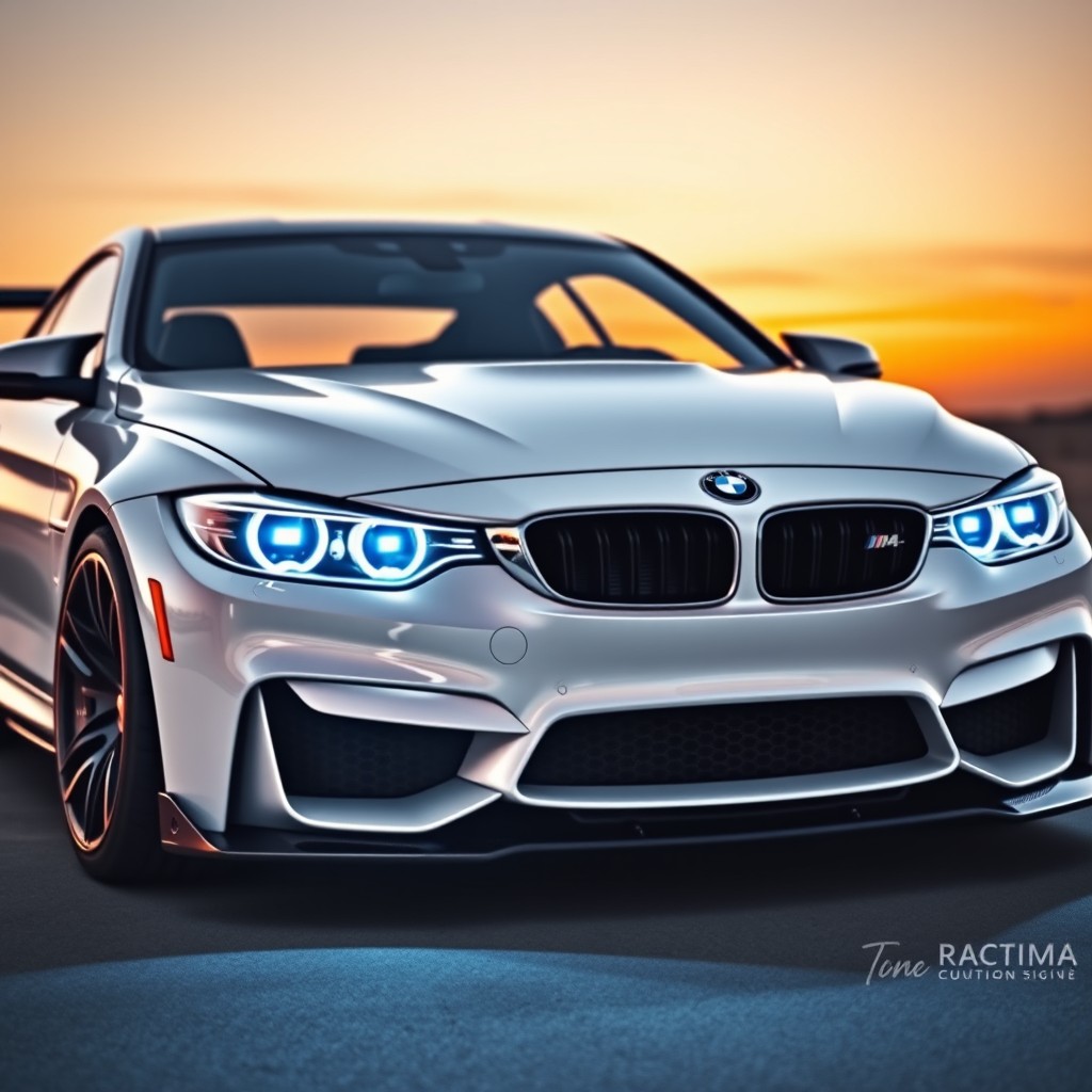 A striking BMW M4 Gran Coupe in a pristine glossy white finish, showcasing eye-catching blue headlights that illuminate the front