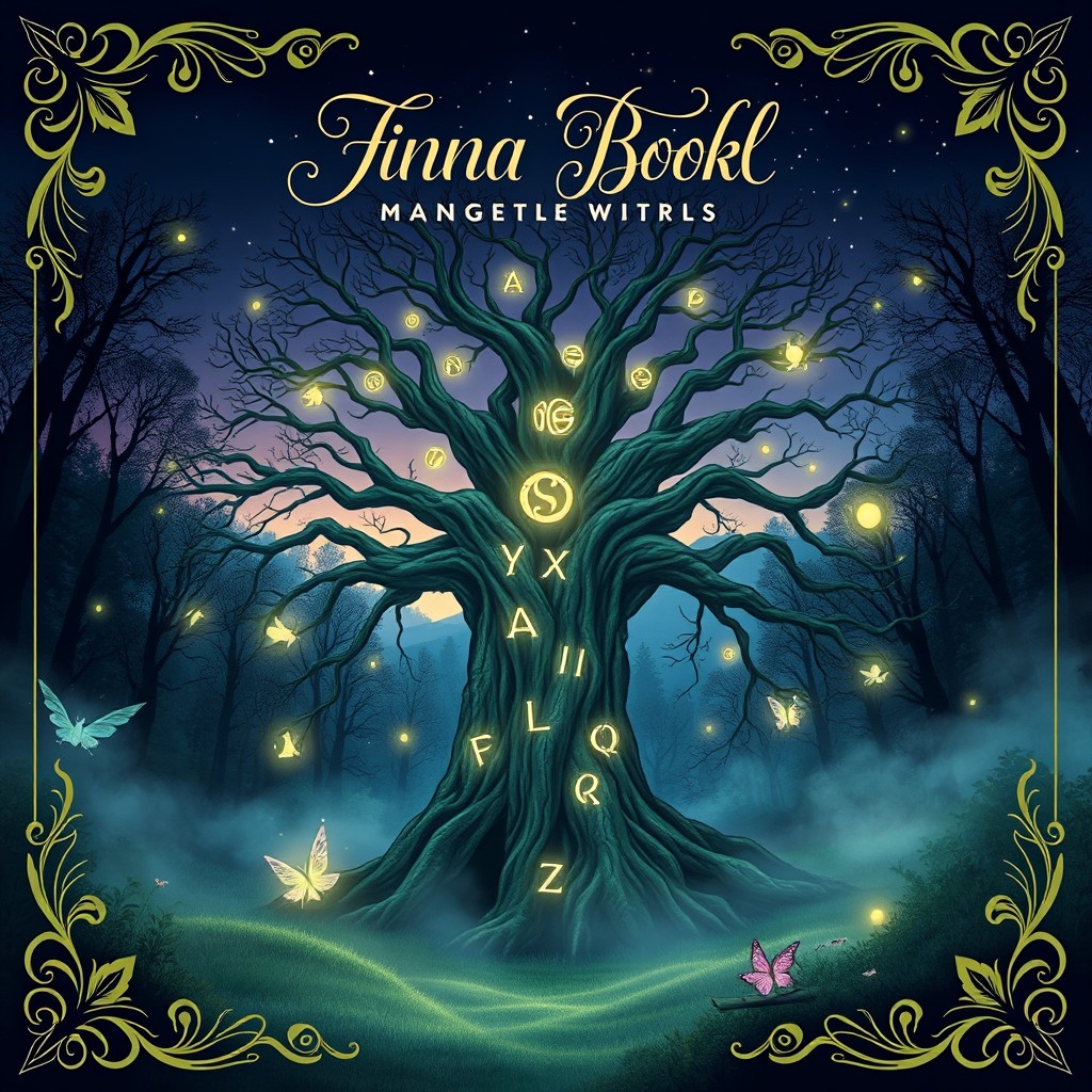 Book cover design featuring a mystical forest scene, with a large ancient tree in the center, adorned with glowing runes and surrounded by ethereal creatures like fairies and glowing orbs