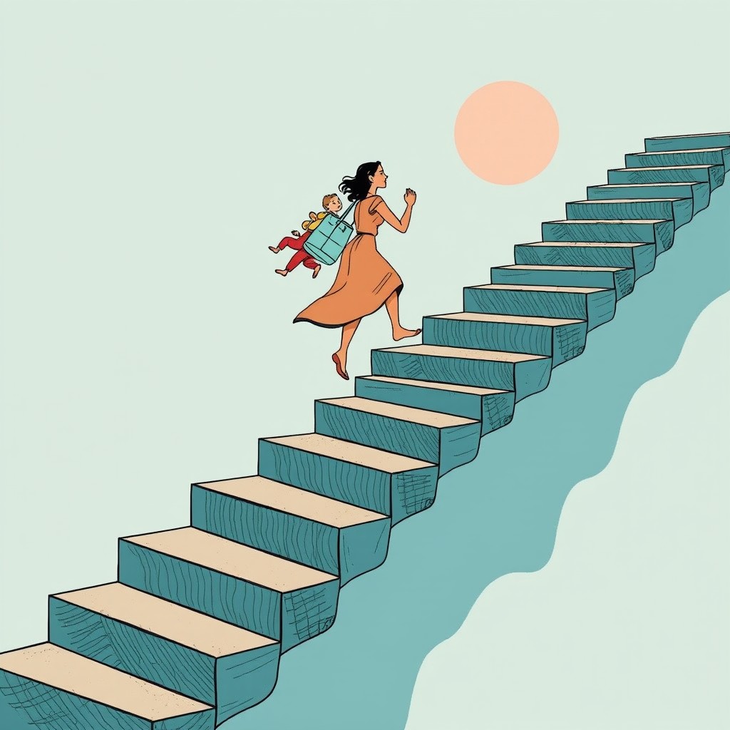 An illustration of a woman climbing an infinite staircase, symbolizing the struggle to reach the sky