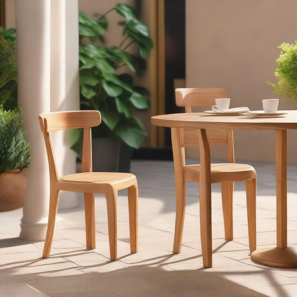 A teak wood dining chair with a natural color finish, inspired by fire, stationed in an inviting and cozy café setting with a friend happily seated nearby.