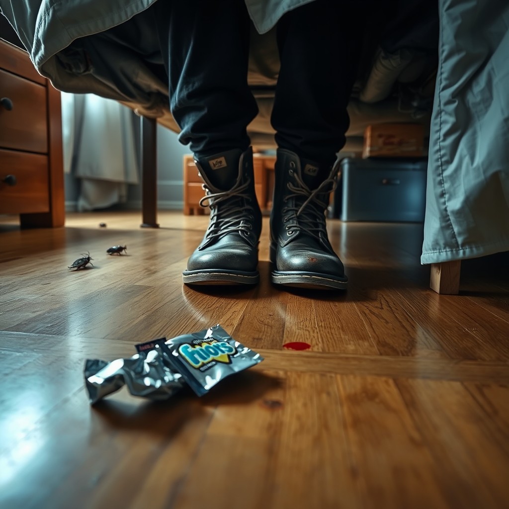 A book cover featuring a view from under a bed in a teenage boy's bedroom, showcasing a hardwood floor