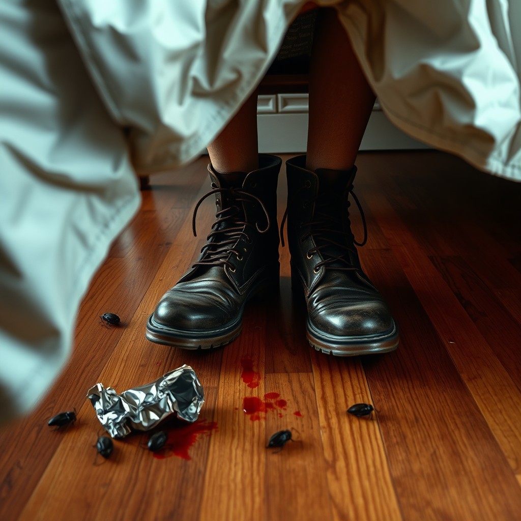 A captivating book cover featuring a view from under a bed in a teenage boy's bedroom, highlighting a hardwood floor