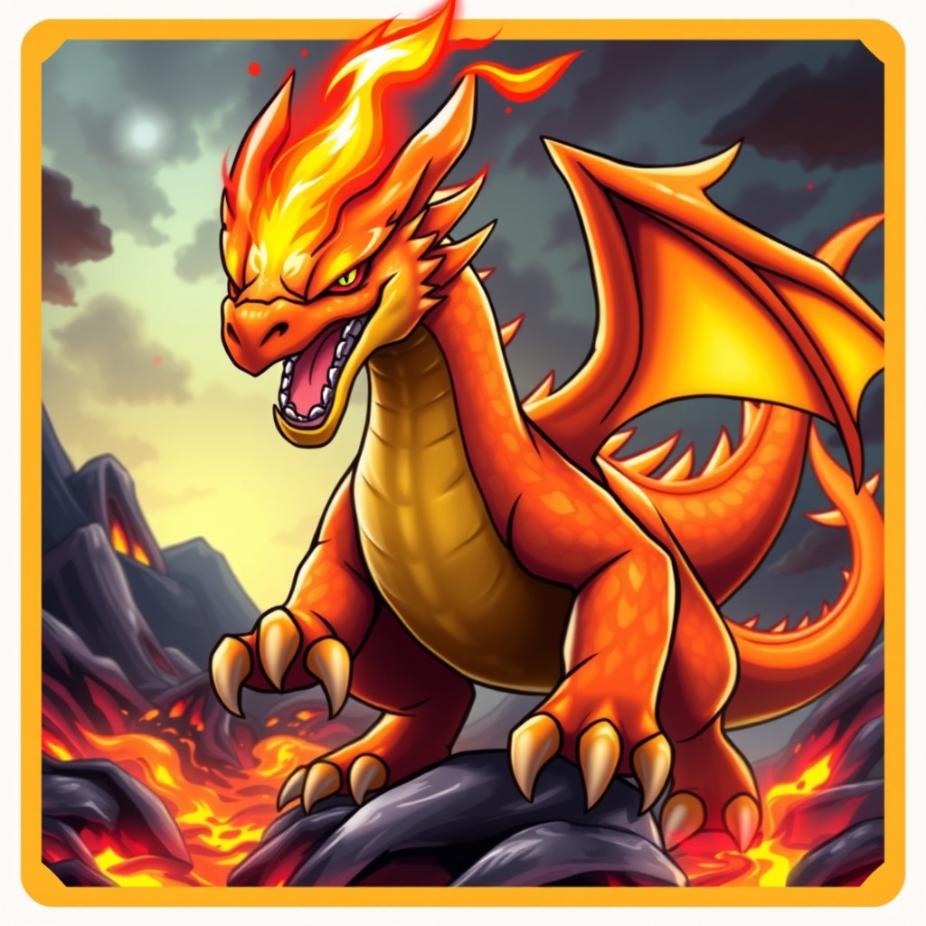 A vibrant and powerful Fire Dragon depicted in a Pokémon style card design