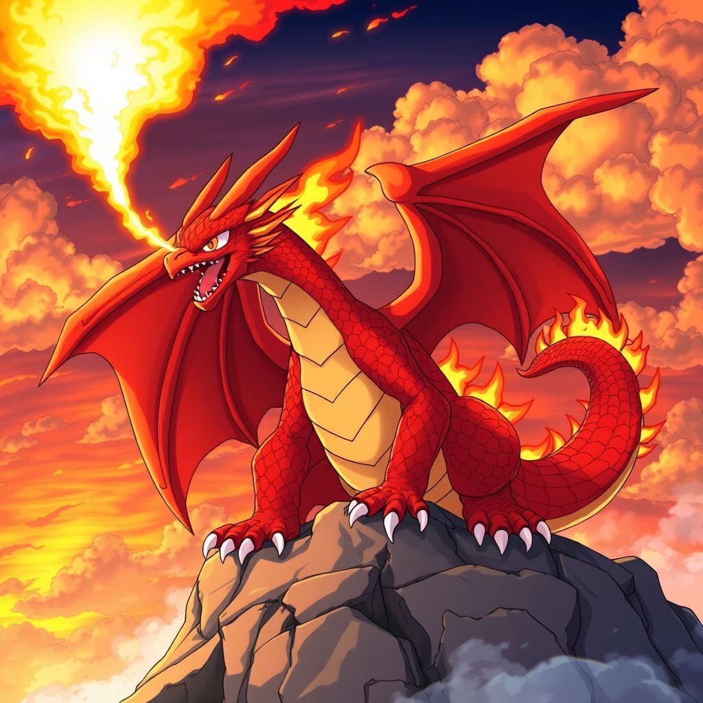 A fierce fire dragon Pokémon, featuring vibrant red and orange scales, massive wings resembling flames, and glowing eyes that radiate power