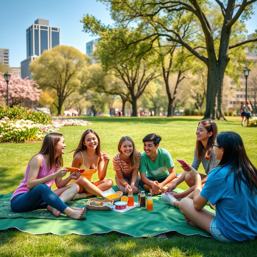 A vibrant, sunlit scene in a bustling city park, where a group of diverse teenagers are enjoying a picnic on a lush green blanket