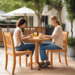 A teak wood dining chair with a natural color finish, inspired by fire, stationed in an inviting and cozy café setting with a friend happily seated nearby.