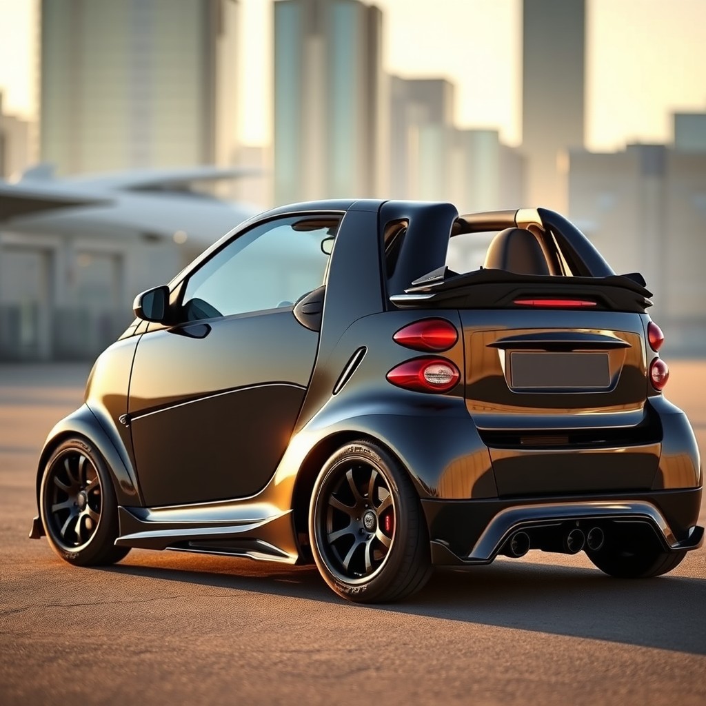 A striking image of a real Smart Roadster 452, featuring a sleek black cabriolet design with custom tuning enhancements