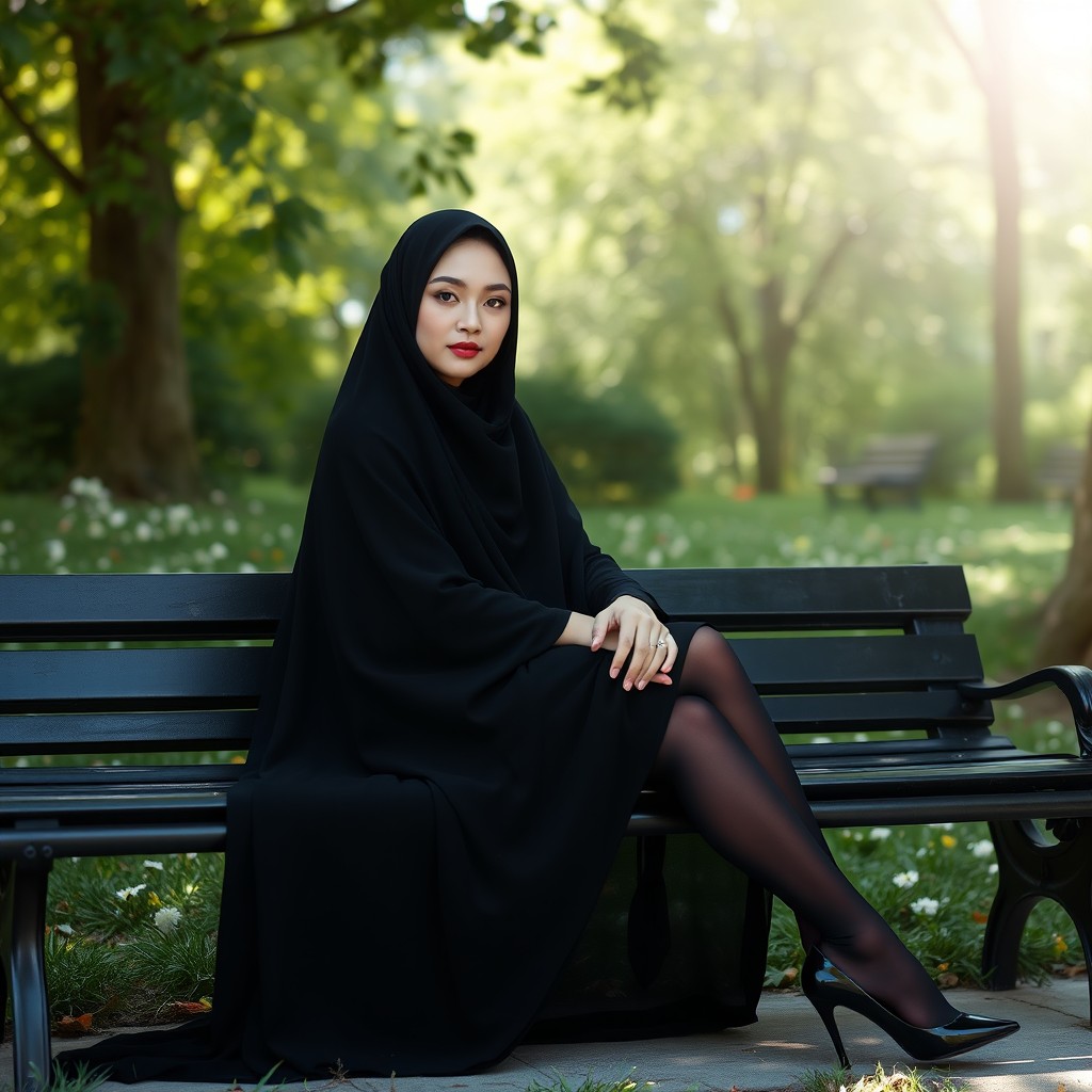 A woman in a black chador that elegantly covers her entire body, adorned with black tights and stylish black high heels