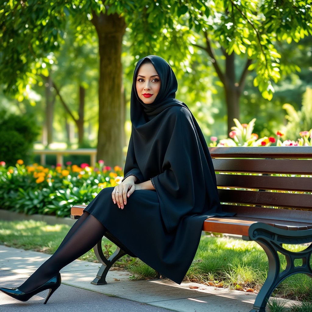 A woman in a black chador that elegantly covers her entire body, complemented by black tights and stylish black high heels