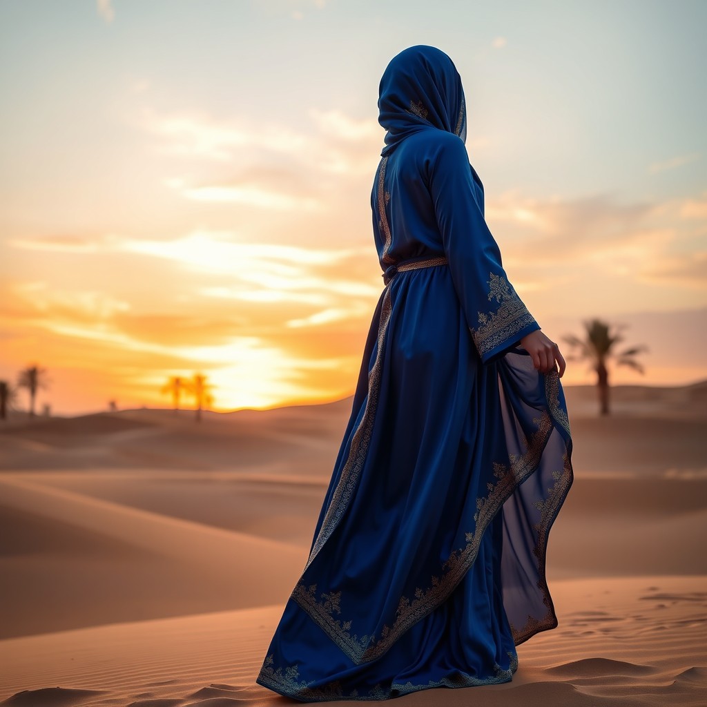 A beautiful, elegant Arab dress, also known as an abaya, made of flowing silk fabric in rich royal blue with golden embroidery intricately designed along the edges