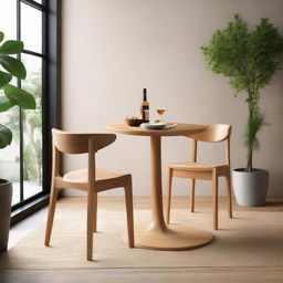 A teak wood dining chair with a natural color finish, inspired by fire, stationed in an inviting and cozy café setting with a friend happily seated nearby.