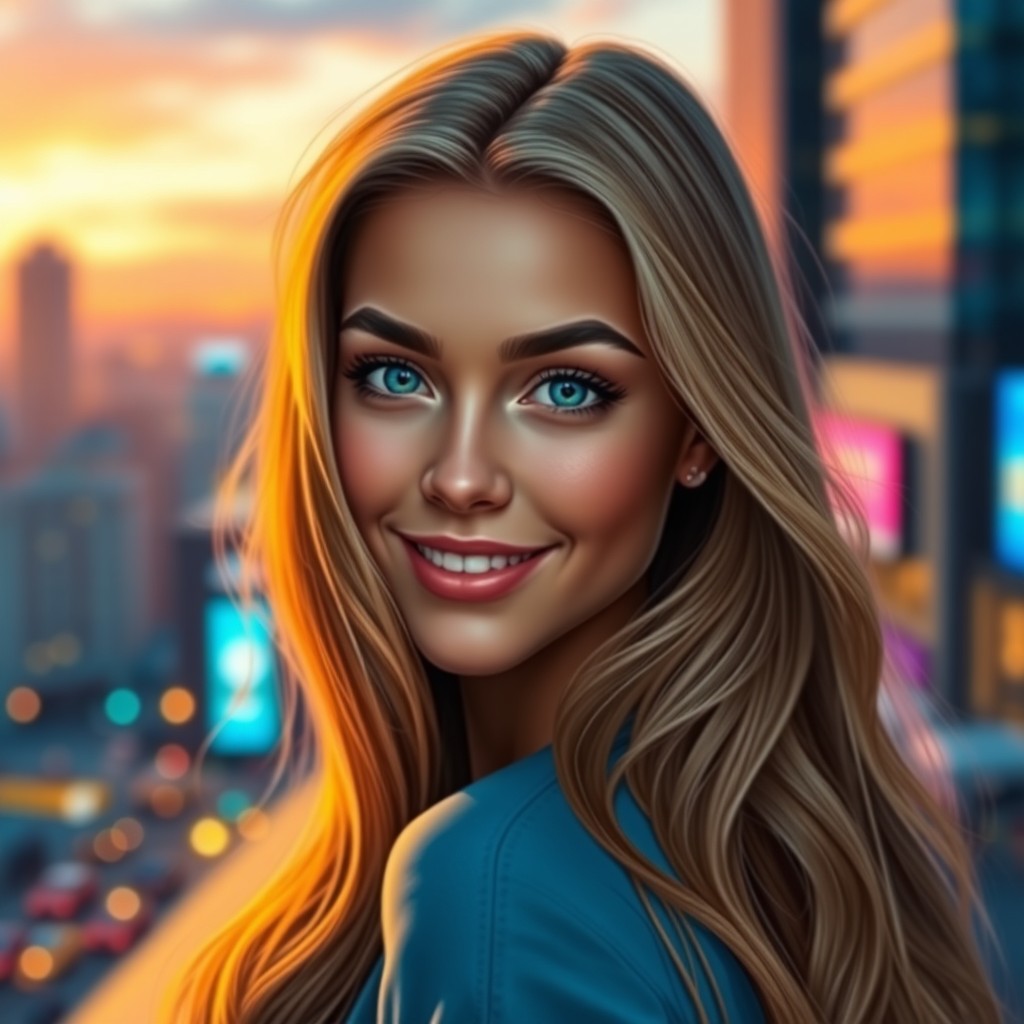 A hyper-realistic digital portrait of a young woman with captivating features, long flowing hair, and a playful smile
