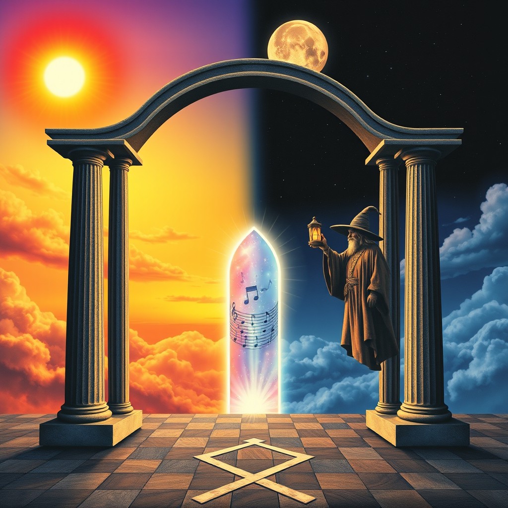 An album cover design featuring two columns on either side, with an arching curved structure spanning from one column to the other