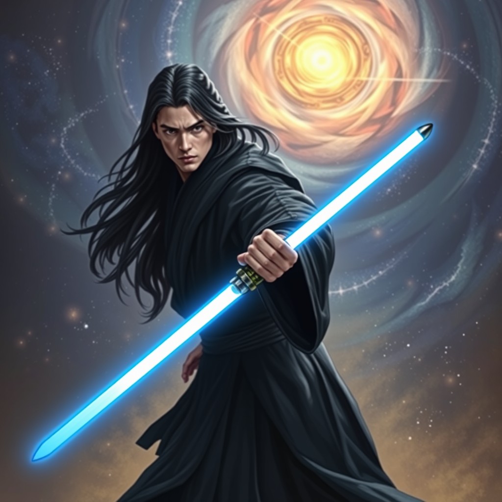 A male Jedi warrior with long, flowing black hair