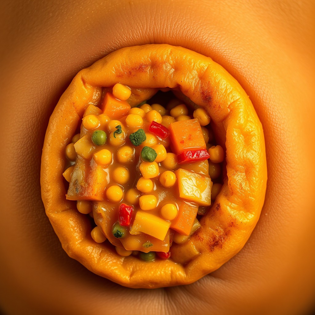 A close-up view of an exceptionally large navel, filled with colorful and appetizing panipuri, an Indian street food delicacy