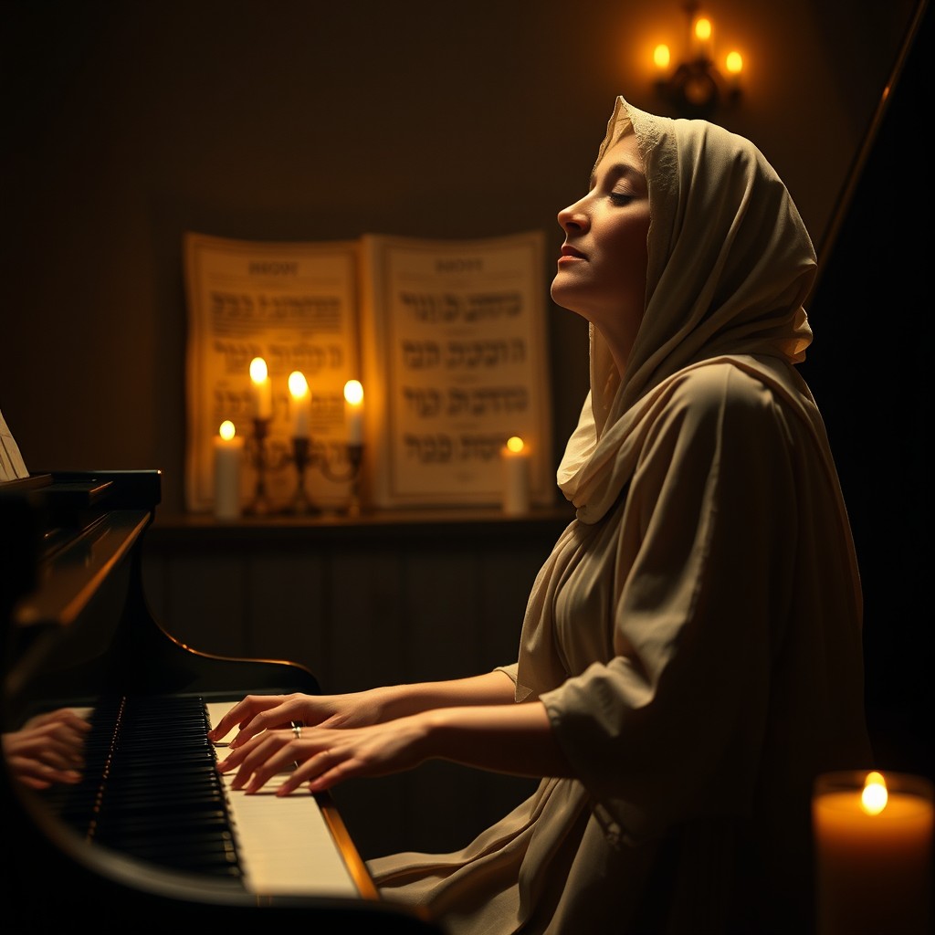 A reverent woman playing a grand piano in a dimly lit room with soft candlelight
