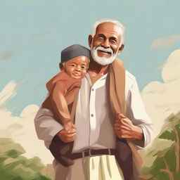 Depict a scene with an elderly man, filled with wisdom and warmth, carrying a joyful child on his shoulders.