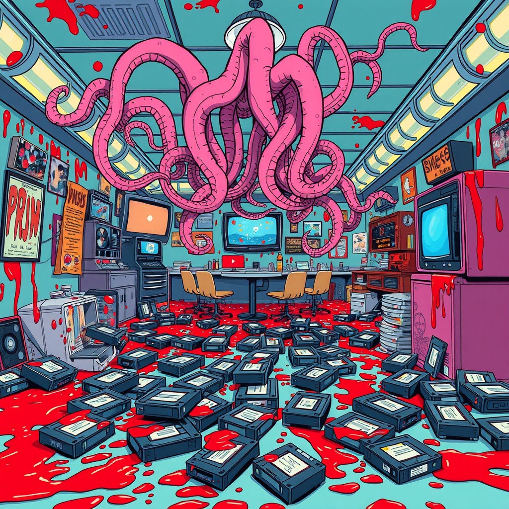A vibrant comic-style illustration of a vintage VHS video club, filled with splattered tomato sauce